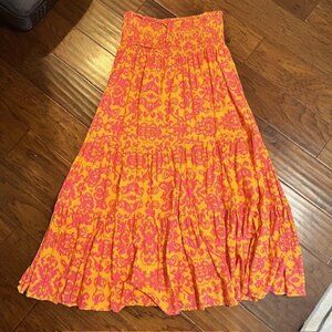 Abel the Label Boho Maxi Skirt Orange Pink Smocked Waist Drawstring L